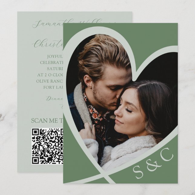 Invitation Mariage Chic Photo Cœur Vert Sauge (Devant / Derrière)