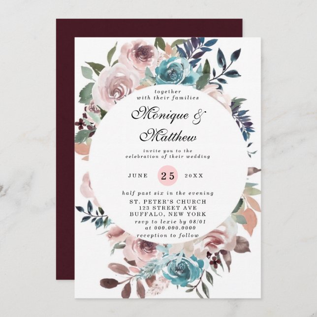 Invitation Mariage chic rose et Turquoise Aquarelle Peonies (Devant / Derrière)