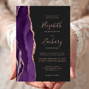 Invitation Mariage Chic Rose Gold Violet Agate Foncé