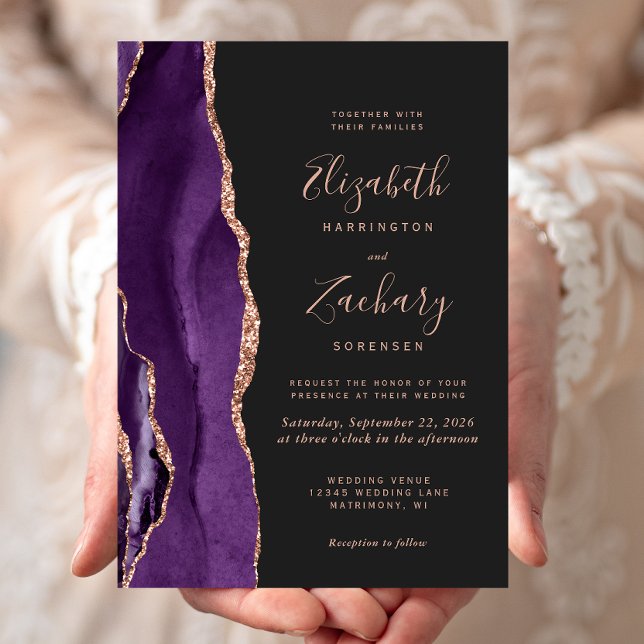 Invitation Mariage Chic Rose Gold Violet Agate Foncé (Créateur téléchargé)