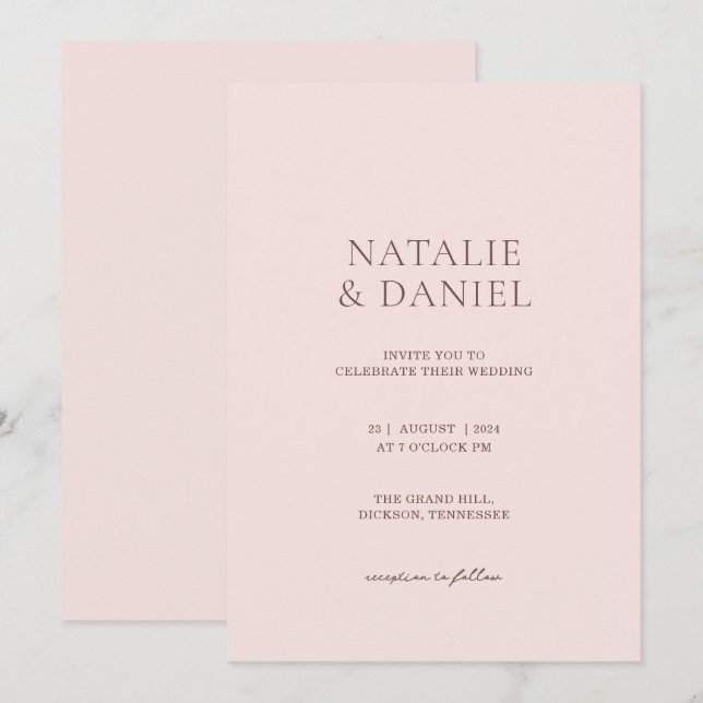 Invitation Mariage Chic Rose Pâle & Brun Chaud (Devant / Derrière)