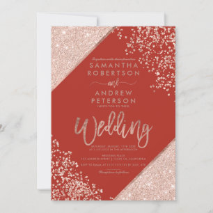 Invitation Mariage chic rouge paillettes confetti or rose