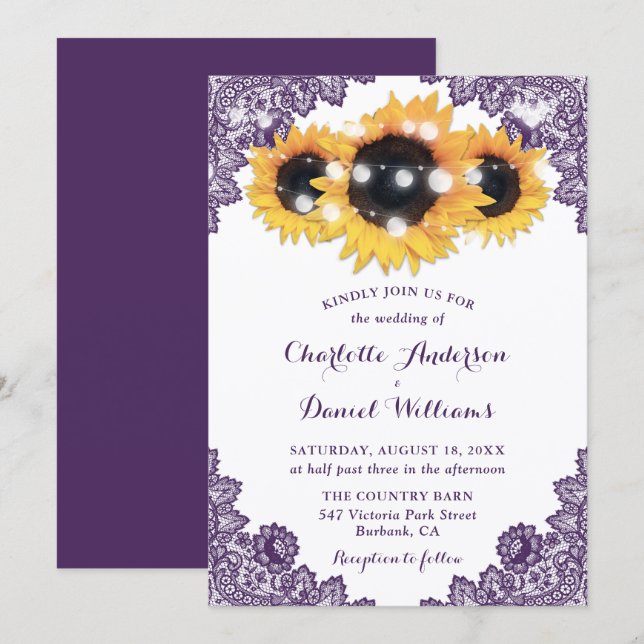 Invitation Mariage Chic Rustique Tournesol en Dentelle Violet (Devant / Derrière)