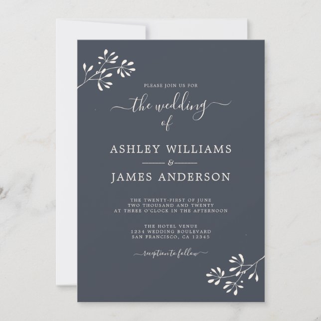 Invitation Mariage Chic Script Ivory Foliage Bleu Foncé (Devant)
