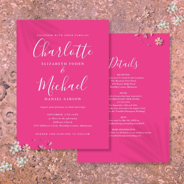 Invitation Mariage Chic Script Tout En Un Rose Chaud (Hot Pink Simple All In One Chic Script Wedding Invitation)