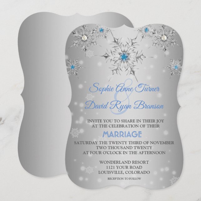 Invitation Mariage Chic Silver Snowflakes Crystal Blue Pearls (Devant / Derrière)