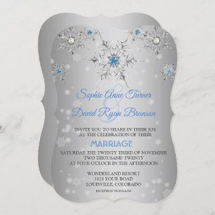 Invitation Mariage Chic Silver Snowflakes Crystal Blue Pearls