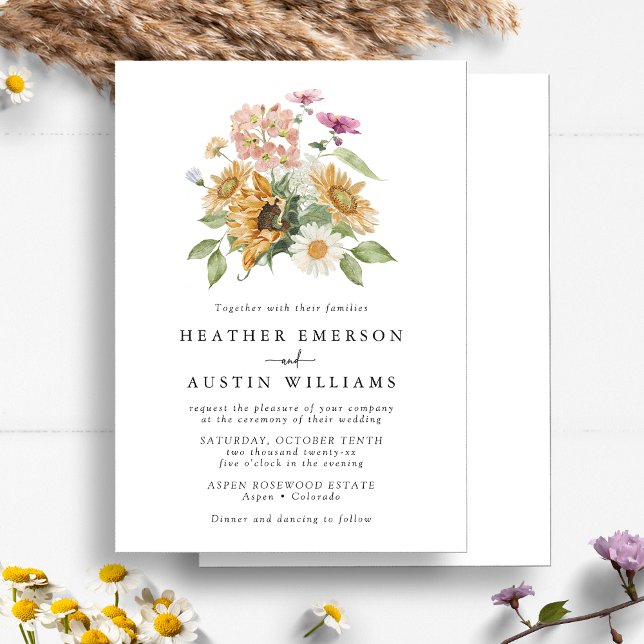 Invitation Mariage chic tournesol (Chic Watercolor Sunflower Wildflower Floral Wedding Invitation by Painted Paperie
)