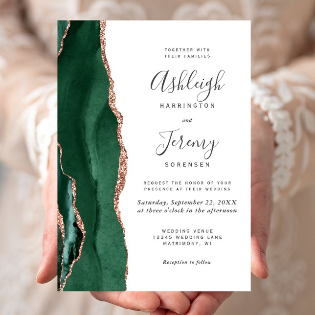 Invitation Mariage chic vert émeraude et or rose agate (Créateur téléchargé)