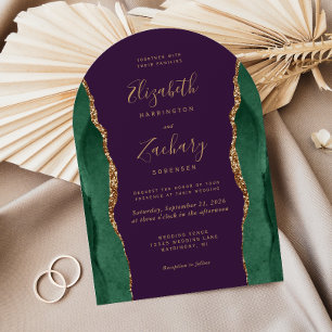 Invitation Mariage chic vert émeraude or agate violet voûte
