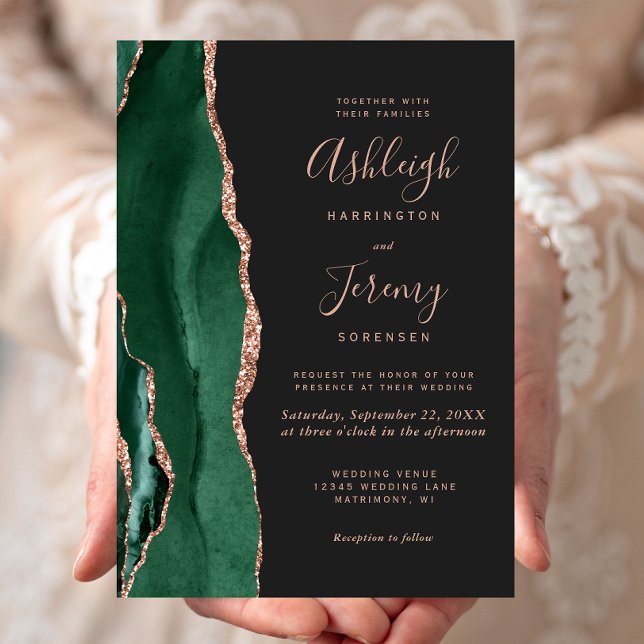 Invitation Mariage chic vert émeraude or rose agate foncé (Créateur téléchargé)
