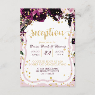 Invitation Mariage chic violet floral or confetti dorés récep