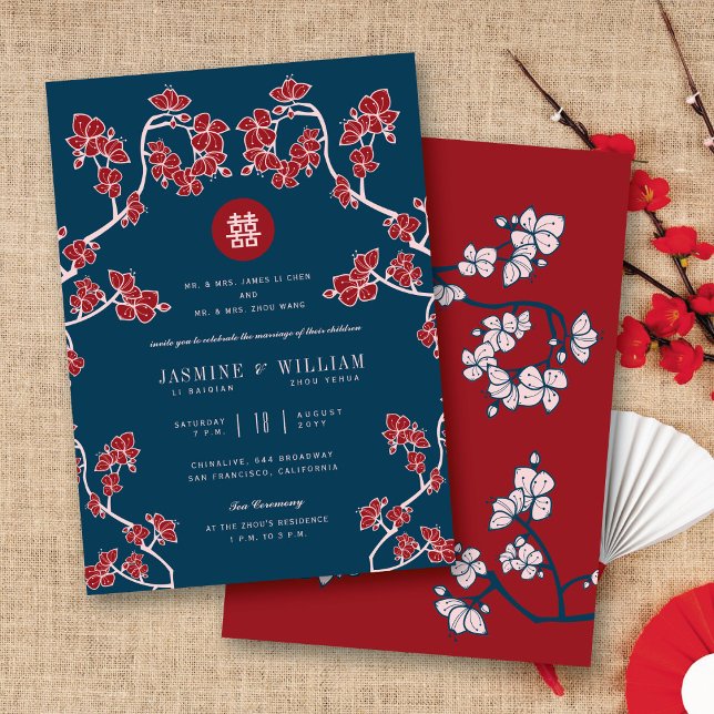 Invitation Mariage chinois à deux fleurs de pêche (Red/Navy Peach/Plum Blossoms Double Happiness Elegant Chinese Wedding Invitation @ fatfatin_red_knot)
