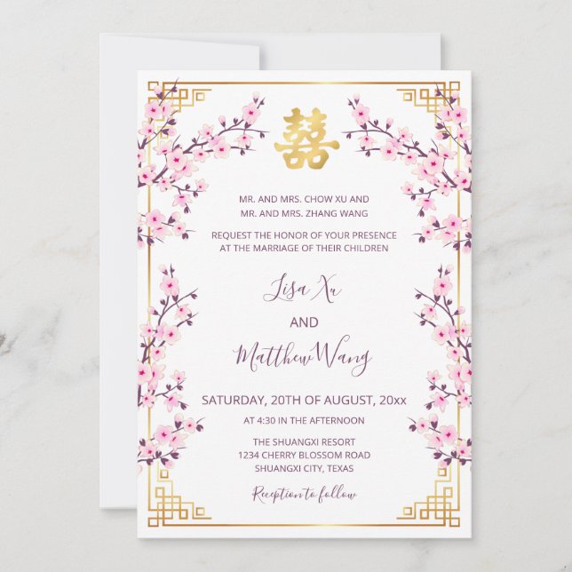 Invitation Mariage Chinois Américain Bilingue Rose Or (Devant)