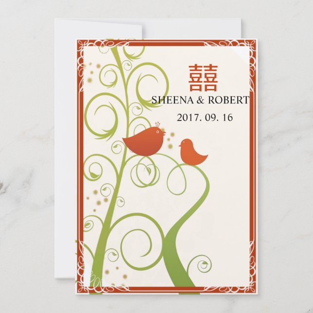 Invitation Mariage chinois aux Inséparables sur les arbres à  (Devant)