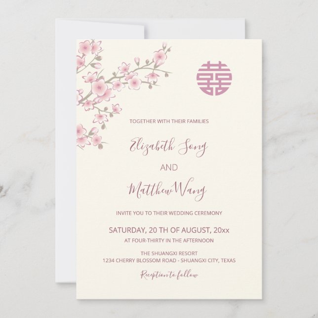 Invitation MARIAGE chinois BILINGUE Blush Cherry Blossom (Devant)