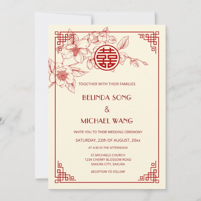 Invitation Mariage Chinois Bilingue | Magnolia Crème (Devant)