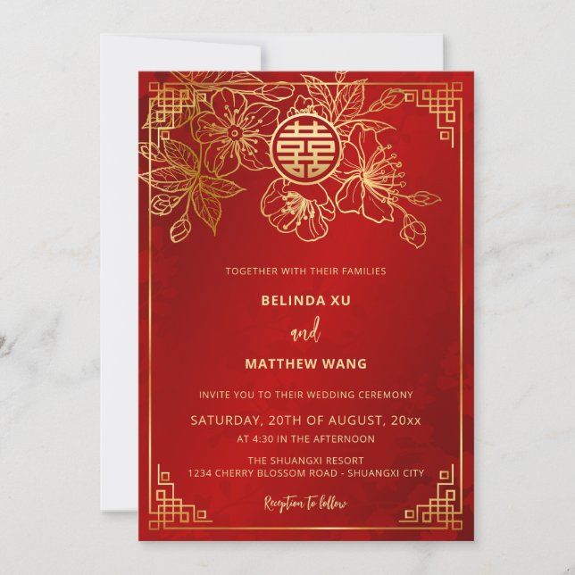 Invitation MARIAGE CHINOIS BILINGUE Rouge Or (Devant)