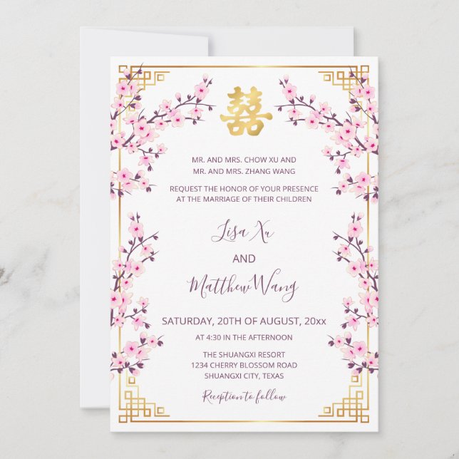 Invitation MARIAGE chinois blanc rose BILINGUAL Gold Frame (Devant)