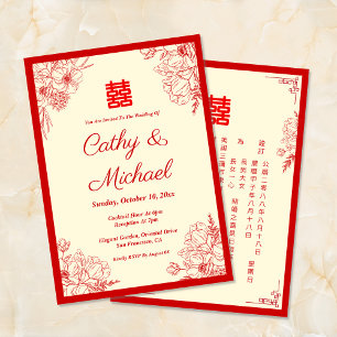 Invitation Mariage chinois cadre fleuri rouge beige oriental