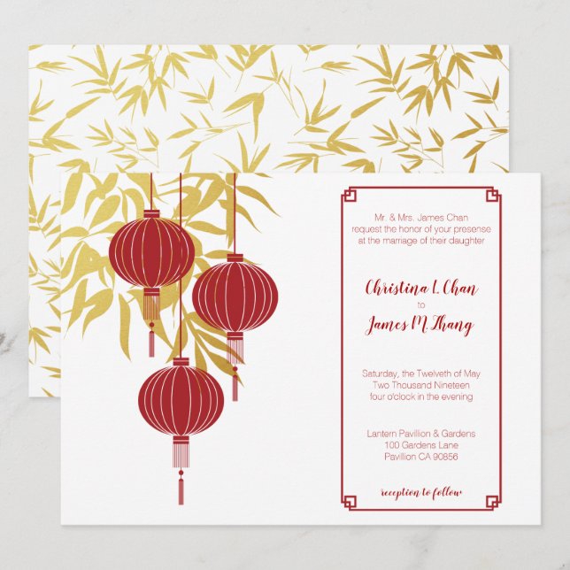 Invitation Mariage chinois de bambou rouge (Devant / Derrière)
