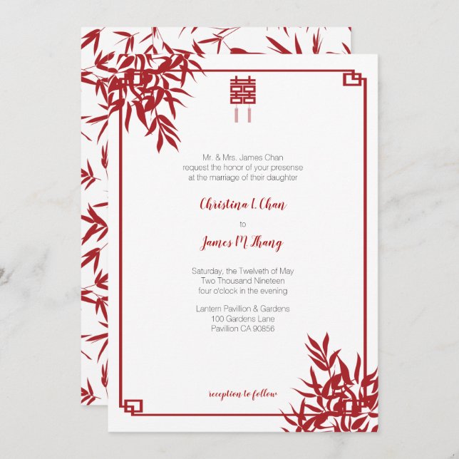 Invitation Mariage chinois de double bonheur en bambou rouge (Devant / Derrière)