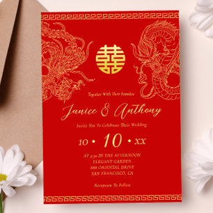 Invitation Mariage chinois dragon phénix or rouge