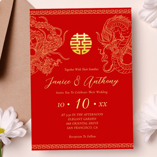 Invitation Mariage chinois dragon phénix or rouge  (Créateur téléchargé)