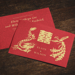 Invitation Mariage chinois Dragon-Phoenix Double Xi Red Gold