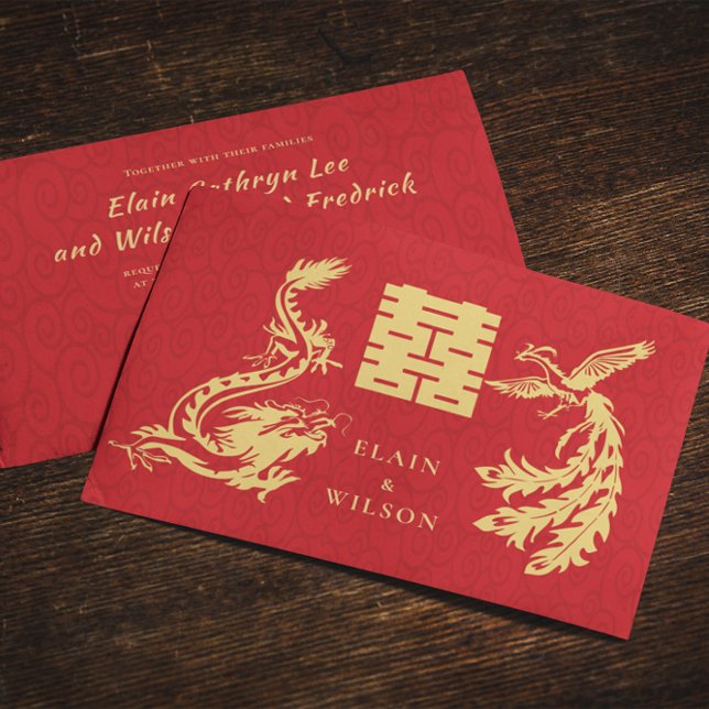 Invitation Mariage chinois Dragon-Phoenix Double Xi Red Gold (Créateur téléchargé)