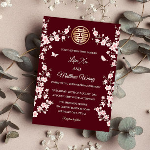 Invitation Mariage chinois en fleurs de cerisier rose poussié