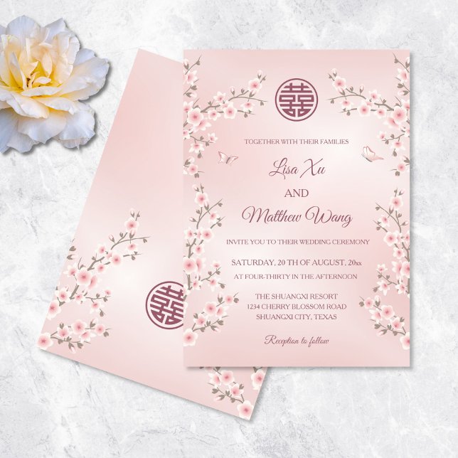 Invitation Mariage Chinois Fleur de Pêcher Rose Poussiéreux (Créateur téléchargé)