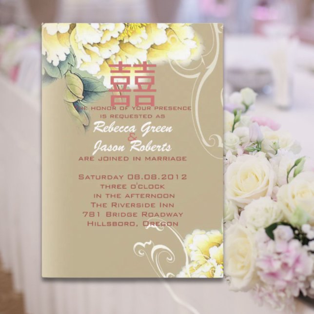 Invitation mariage chinois floral pivoine vintage moderne (modern vintage peony floral chinese Wedding Invitation)
