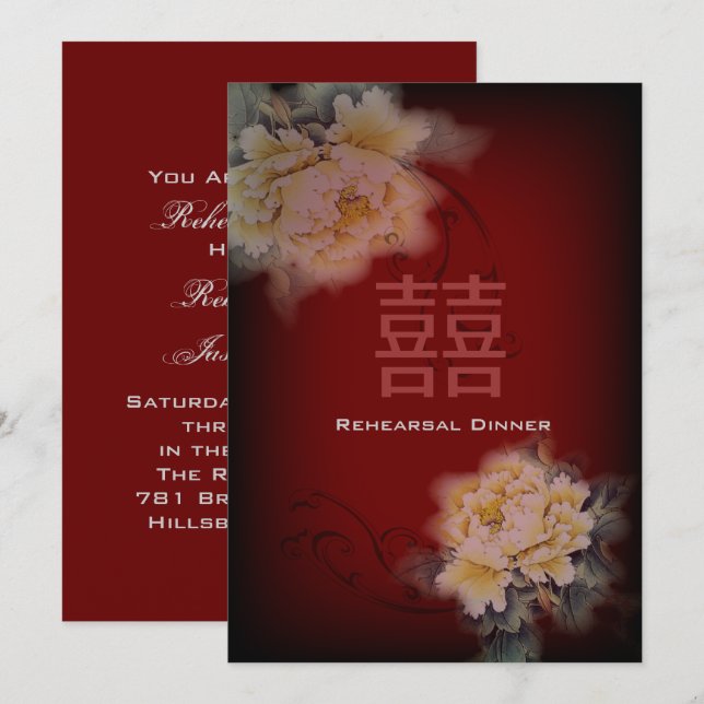 Invitation mariage chinois floral vintage burgundy pivoine (Devant / Derrière)