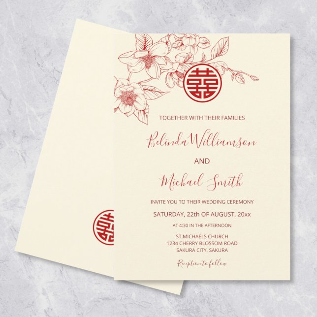 Invitation Mariage chinois Magnolia Red Cream (Créateur téléchargé)