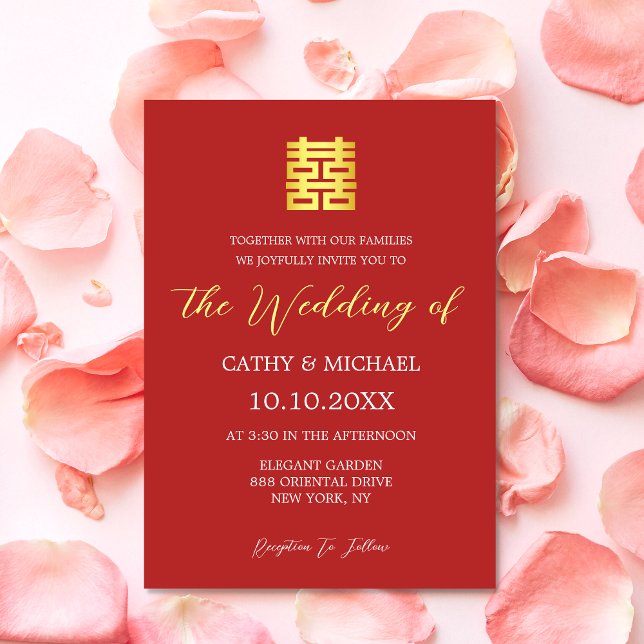 Invitation Mariage chinois moderne or rouge simple (Créateur téléchargé)