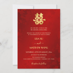 Invitation Mariage Chinois Or Rouge Simple Bilingue