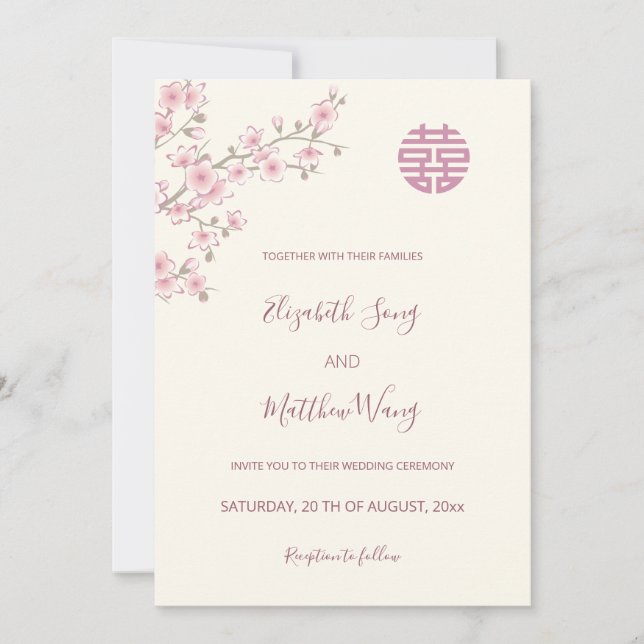Invitation Mariage chinois QR Code Blush rose Cherry Blossom (Devant)