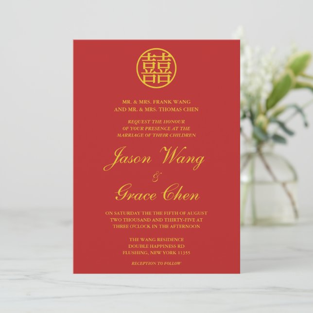 Invitation Mariage Chinois & Réception Rouge Et Or (Debout devant)