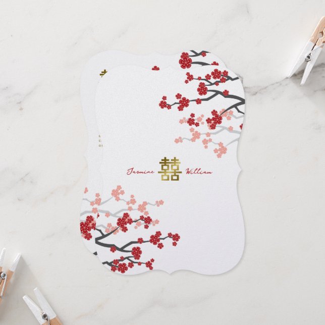 Invitation Mariage chinois Red Sakura Golden Double Bonheur (Devant/Arrière en situation)