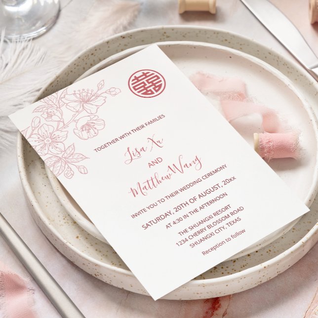 Invitation Mariage Chinois Rose Floral Blush (Créateur téléchargé)