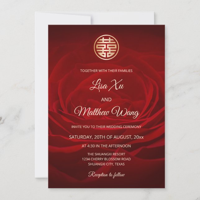 Invitation Mariage chinois rose moderne rouge (Devant)