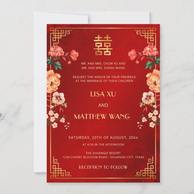 Invitation Mariage Chinois Rouge Cadre Or BILINGUE (Devant)