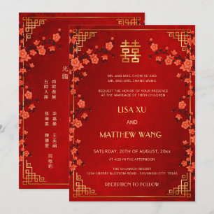 Invitation Mariage Chinois Rouge Cadre Or BILINGUE