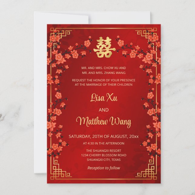 Invitation Mariage Chinois Rouge Cadre Or BILINGUE (Devant)