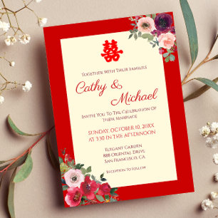 Invitation Mariage chinois rouge jardin fleuri double bonheur