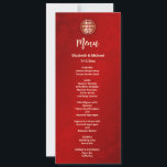 Invitation Mariage chinois rouge moderne<br><div class="desc">Cette carte de menu mariage chinois moderne comporte un double symbole de bonheur doré sur un arrière - plan rouge chatoyant. Avec des noms de mariée et de mariée personnalisés,  la date du mariage et un texte de menu personnalisé dans un script manuscrit moderne.</div>