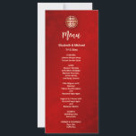 Invitation Mariage chinois rouge moderne<br><div class="desc">Cette carte de menu mariage chinois moderne comporte un double symbole de bonheur doré sur un arrière - plan rouge chatoyant. Avec des noms de mariée et de mariée personnalisés,  la date du mariage et un texte de menu personnalisé dans un script manuscrit moderne.</div>