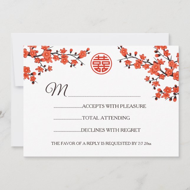 Invitation Mariage Chinois RSVP Fleur Rouge (Devant)