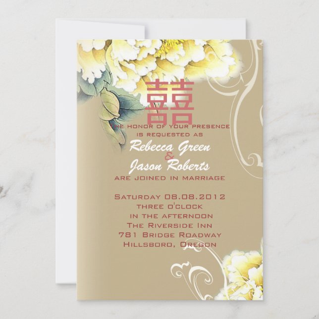 Invitation mariage chinois vintage de pivoine moderne (Devant)